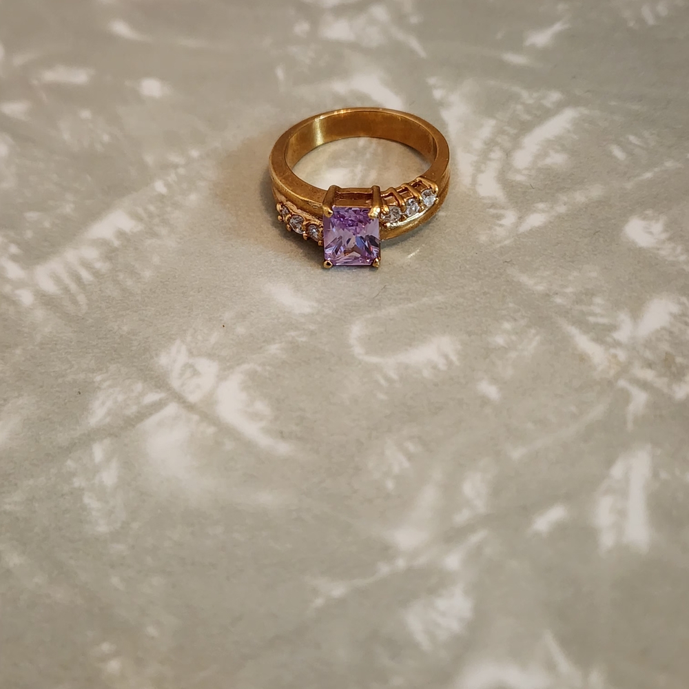 Gold-Tone Ring with Rectangular Lavender Center Stone and Clear Accents - Picture 4 of 5